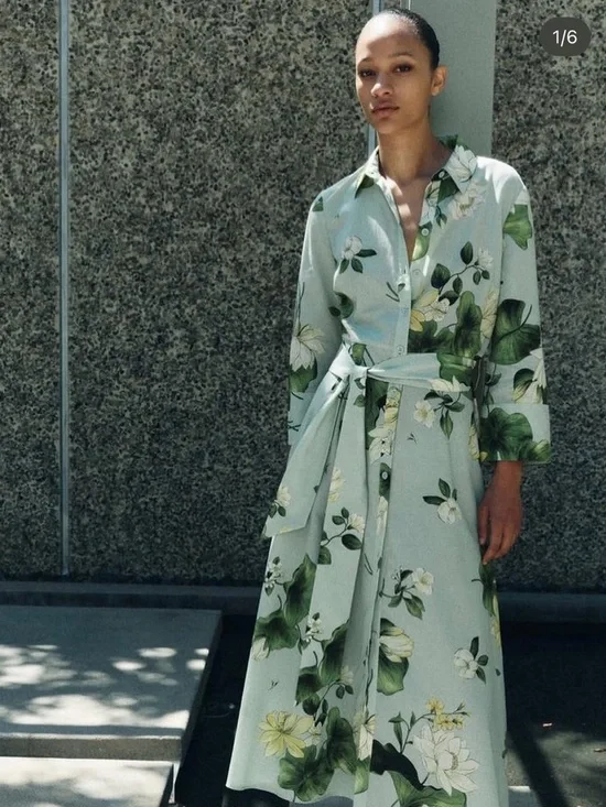 NWT Zara ZW Collection Green Floral Button Down Shirt Dress Midi w/ Belt XS - Picture 1 of 9